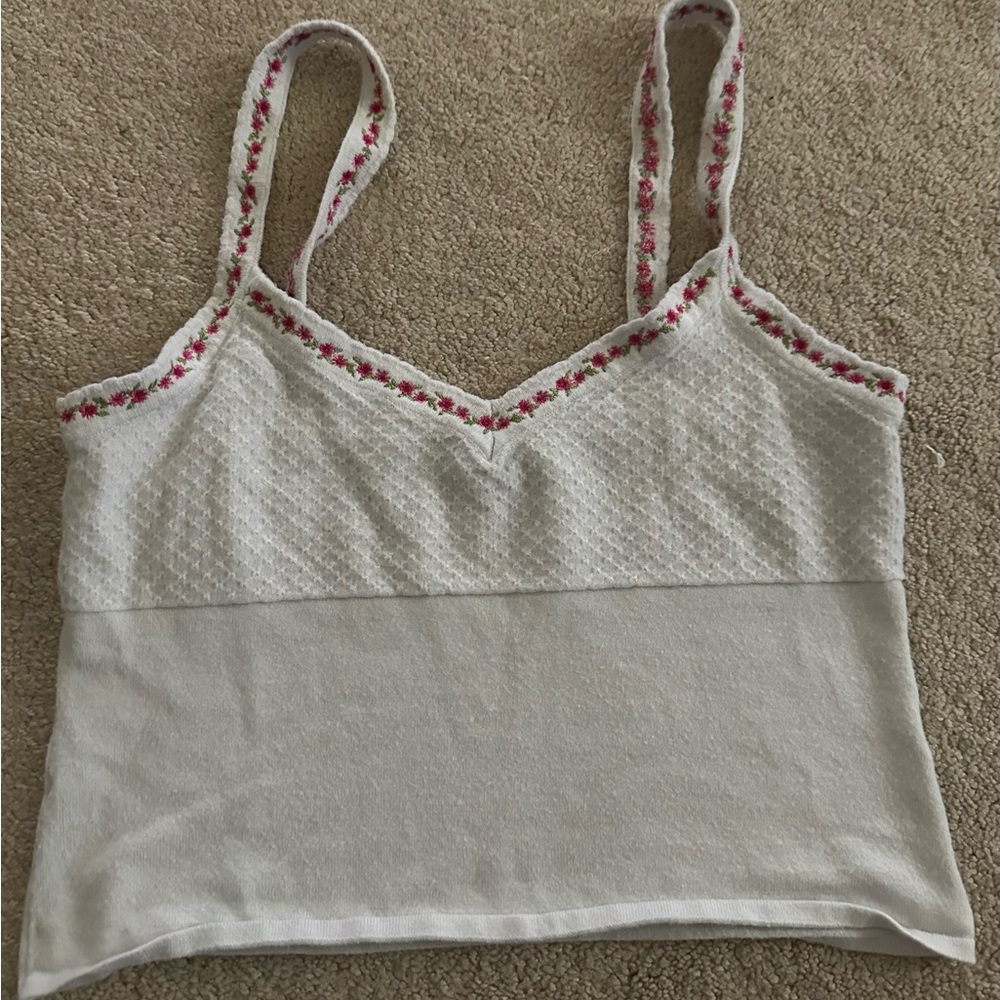 White Tank Top with Pink Floral Trim